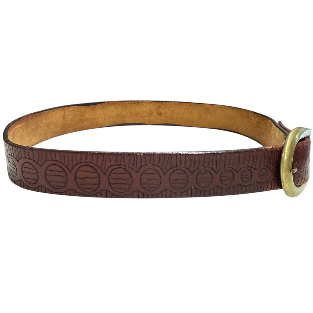 Vintage Womens Leather Brown Red Belt Hand Tooled Circles Brass Buckle 32